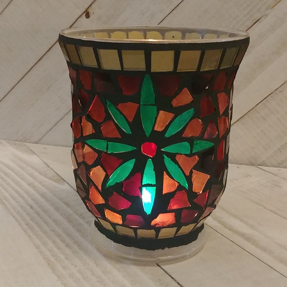 Vintage Mosaic Flower Pattern Candle Holder In Original Box